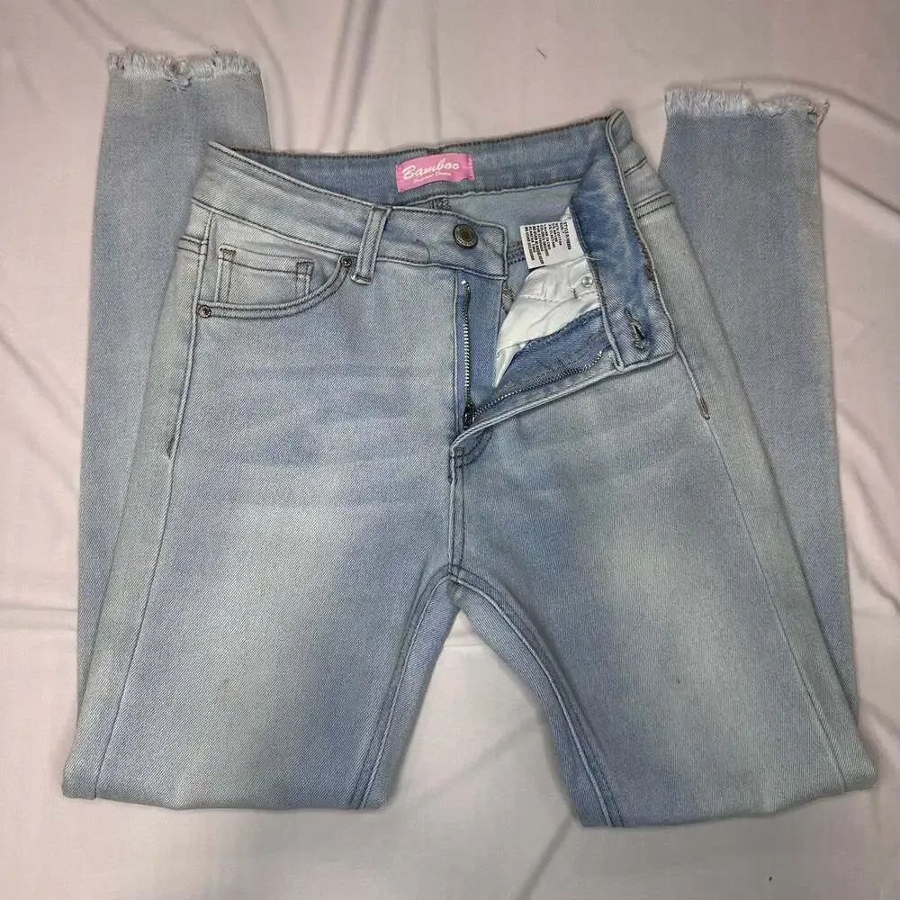 Bamboo Original Denim Light Wash Distressed Raw Hem Skinny Jeans
